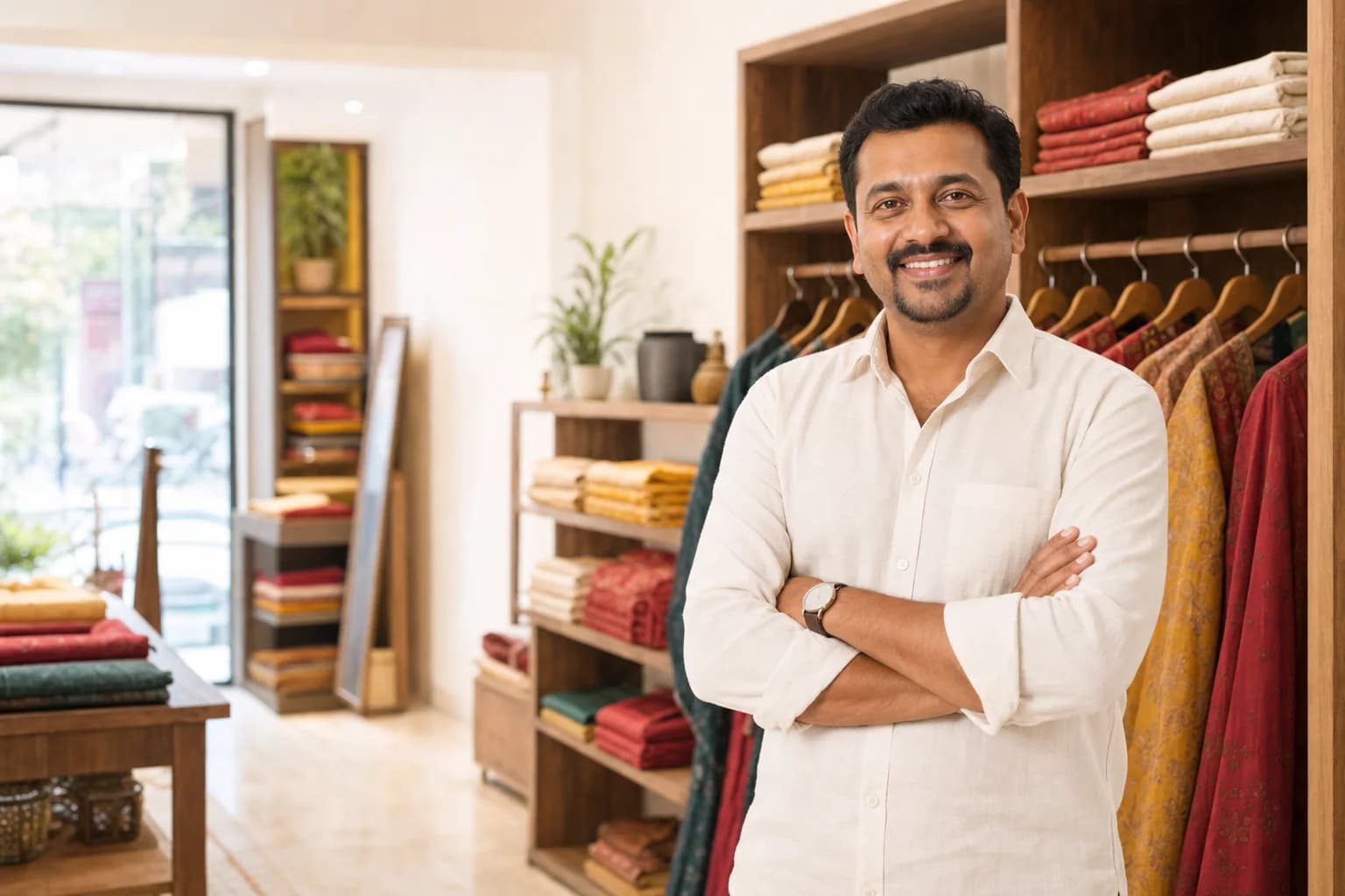 Boutique owner standing inside his clothing shop